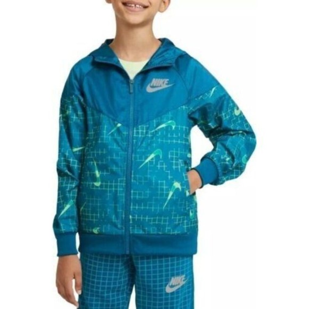 Nike Kids Windrunner Hooded Jacket Teal Lime Green Swoosh Grid Print Large